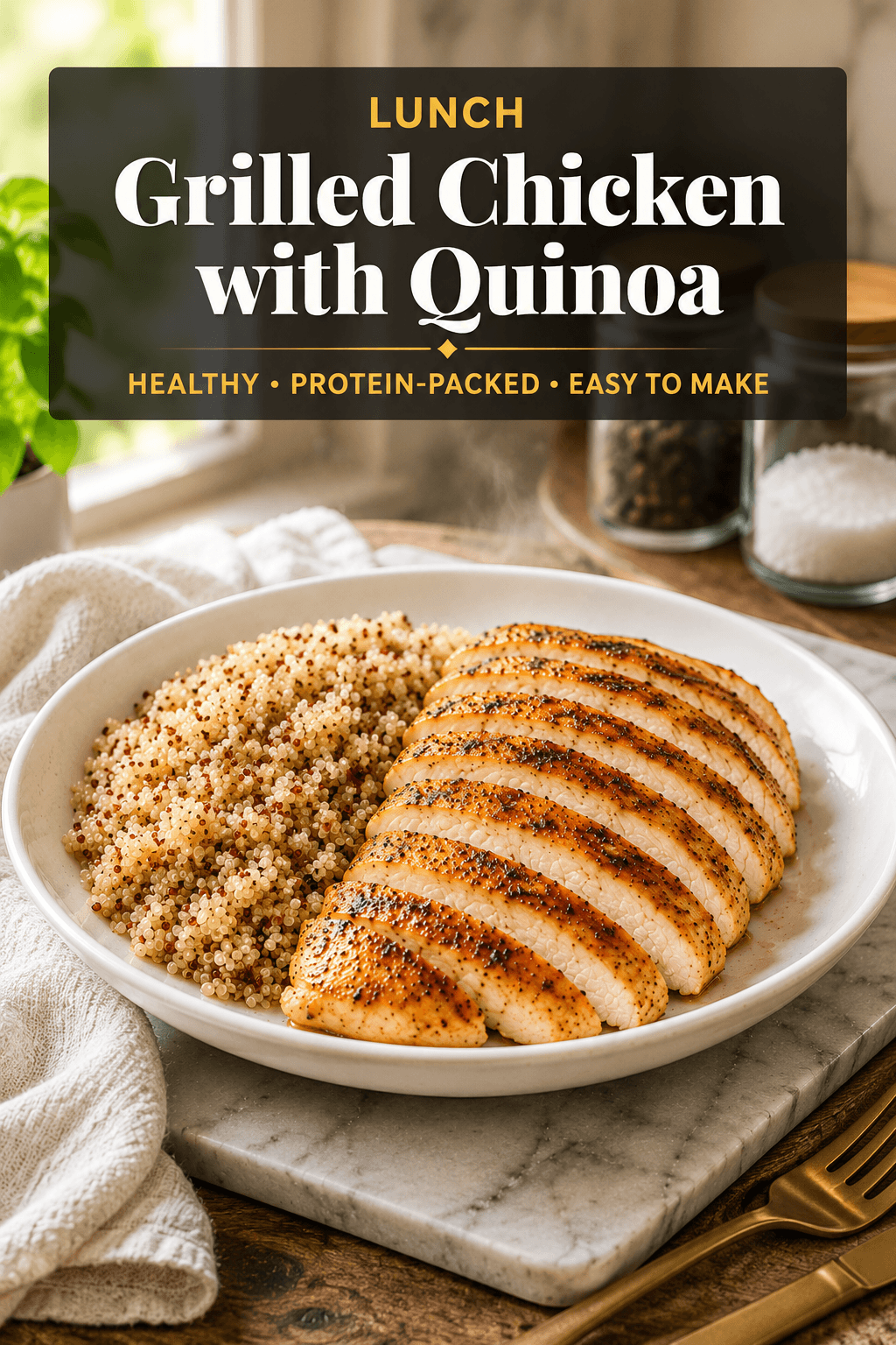 Lunch Grilled Chicken with Quinoa served on a white plate with sliced grilled chicken breast and fluffy quinoa, healthy high protein lunch meal in a bright modern kitchen.