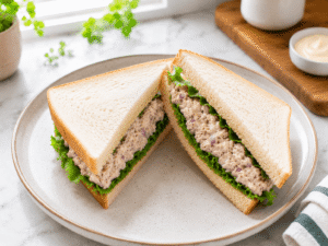 Fresh tuna sandwich cut into halves and served on a white plate with visible tuna filling and salad greens, healthy lunch recipe ready to eat.