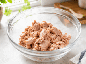 Drained canned tuna placed in a clear glass mixing bowl on a marble countertop in a bright modern kitchen, preparing a healthy tuna sandwich recipe.