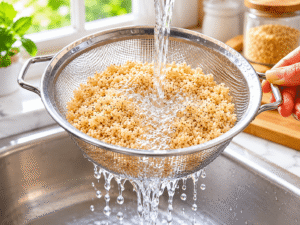Rinsing quinoa thoroughly under running water in a fine mesh strainer over a kitchen sink before cooking.