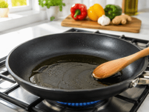 Heat Olive Oil in a Pan for Chicken Bell Pepper Stir Fry
