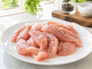 Thinly sliced chicken breast seasoned with salt and black pepper on a white plate before cooking for ginger garlic chicken stir fry.