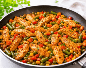 Hot grilled chicken with mixed vegetables served fresh in a skillet with vibrant colors and delicious seasoning.