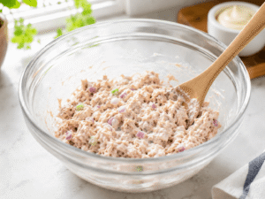 Tuna and mayonnaise mixed together in a glass bowl with a wooden spoon, creating a creamy tuna sandwich filling in a bright natural light kitchen.