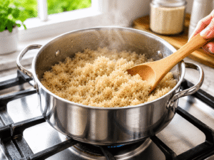 Cooking quinoa in a stainless steel pot on a stovetop until tender and fluffy with steam rising.