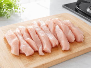 Fresh chicken breast sliced into medium-sized strips on a wooden cutting board in a bright clean kitchen.