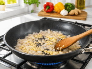 Minced garlic and minced ginger cooking in olive oil in a black nonstick pan with a wooden spoon in a bright kitchen.