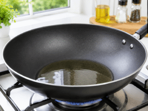 Vegetable oil heating in a large black nonstick skillet over a gas stove before cooking ginger garlic chicken stir fry.