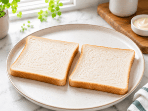 Two slices of whole grain bread arranged on a white plate on a marble countertop, ready for assembling a healthy tuna sandwich.