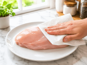 Patting a raw chicken breast dry with paper towels on a white plate before seasoning.