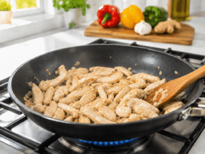 Thinly sliced chicken breasts cooking in a black nonstick frying pan with garlic and ginger in a bright modern kitchen.