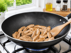 Thin chicken strips cooking in a black skillet until fully cooked and lightly browned for ginger garlic chicken stir fry.