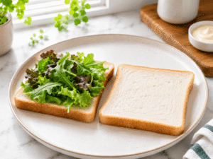Fresh salad greens placed on one slice of whole grain bread on a white plate, preparing a healthy tuna sandwich in a bright kitchen.