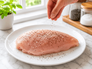 Seasoning chicken breast with salt and black pepper on a white plate in a bright kitchen.
