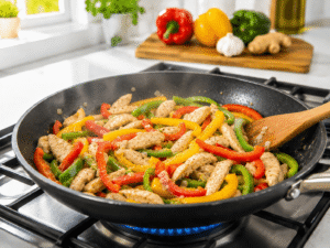 Red, yellow, and green bell peppers added to sliced chicken in a black nonstick pan for Chicken Bell Pepper Stir Fry.