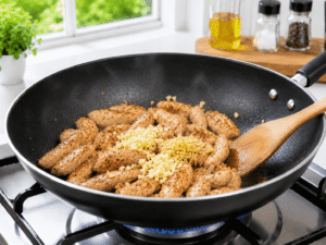 Fresh grated ginger and minced garlic added to cooked chicken in a skillet and stirred until fragrant.