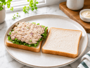 Creamy tuna mixture evenly spread over fresh salad greens on whole grain bread, healthy tuna sandwich assembly step in bright natural light.