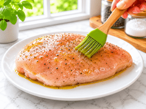 Brushing olive oil evenly over a seasoned chicken breast before cooking on a grill pan.