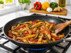 Chicken and colorful bell peppers coated with soy sauce and oyster sauce while stirring in a black nonstick pan.