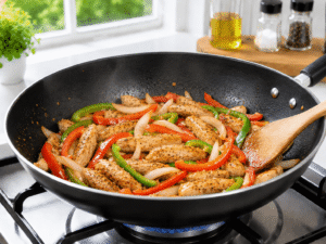 Sliced onion and colorful bell pepper cooking with chicken in a black skillet until slightly tender and crisp.