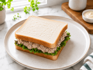 Whole grain bread placed on top of tuna salad and greens to form a fresh tuna sandwich on a white plate in a bright modern kitchen.