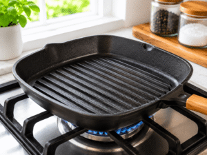 Heating a cast iron grill pan over medium-high heat on a gas stove before cooking chicken.