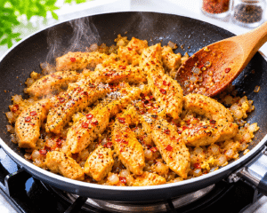 Chicken strips seasoned with salt, black pepper, chili flakes, and turmeric powder in a sizzling frying pan.