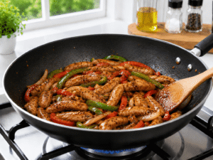 Soy sauce, oyster sauce, and chili flakes coating chicken and vegetables in a glossy ginger garlic chicken stir fry.