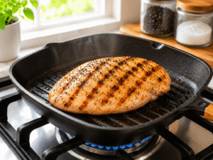Cooking chicken breast on a hot grill pan with visible grill marks until fully cooked.