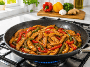Fully cooked Chicken Bell Pepper Stir Fry with tender chicken and colorful bell peppers coated in a glossy sauce in a black nonstick pan.