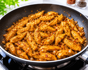 Seasoned chicken strips mixed well with spices and onions in a hot nonstick skillet with rich seasoning coating.