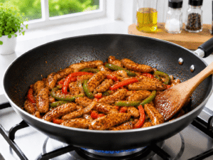 Cornstarch slurry mixed into ginger garlic chicken stir fry as the sauce thickens and evenly coats the chicken and vegetables.