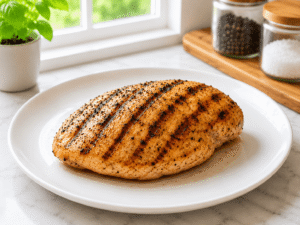 Allowing grilled chicken breast to rest on a white plate to keep the meat juicy and tender.