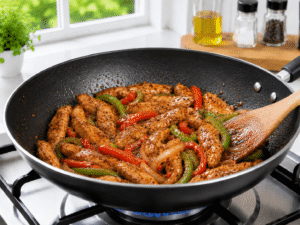Ginger garlic chicken stir fry being seasoned with salt and black pepper before the final mix in a black skillet.