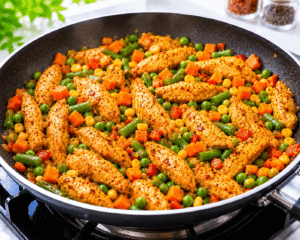 Mixed frozen vegetables including peas, carrots, corn, and beans added to seasoned chicken in a frying pan.