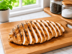 Slicing grilled chicken breast into even strips on a wooden cutting board in a bright kitchen.