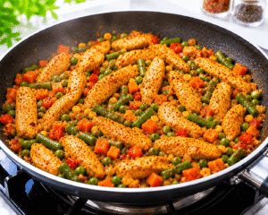 Chicken strips and colorful mixed vegetables cooking together in a skillet until soft and flavorful with visible steam.