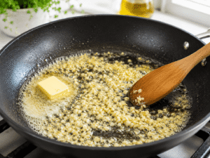 Butter melting with freshly minced garlic in a black frying pan while being stirred with a wooden spoon in a bright modern kitchen with soft natural daylight.