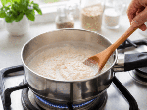 Creamy oatmeal being stirred with a wooden spoon inside a stainless steel pot on a gas stove with steam rising in a bright kitchen. Slice the banana and apple into small pieces