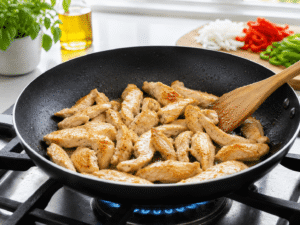 Chicken strips cooking in a frying pan until golden brown while being stirred with a wooden spoon.