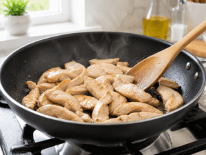 Thin sliced chicken cooking in a black frying pan until lightly golden and fully cooked with steam rising.