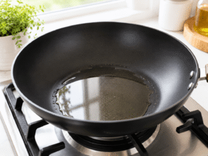 Oil heating in a large black nonstick wok on a gas stove in a bright modern kitchen