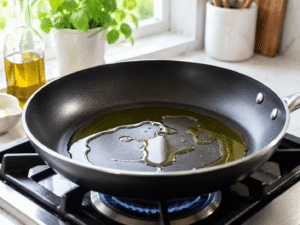 Olive oil heating in a large black nonstick frying pan on a gas stove with bright natural kitchen light.