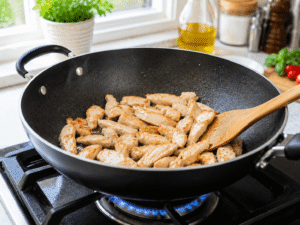 Thin sliced chicken breast cooking in a hot black wok until lightly golden for Thai chicken stir fry.