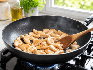 Thin sliced chicken cooking in a hot skillet with olive oil until lightly browned for a healthy chicken broccoli stir fry recipe.
