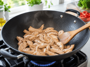 Thin sliced chicken cooking in a hot skillet with salt and black pepper until lightly browned for 15-Minute Chicken Veggie Stir Fry.