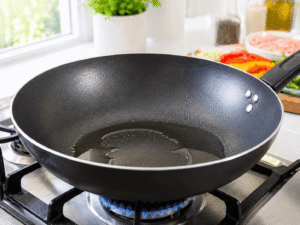 Vegetable oil heating in a large nonstick wok over medium-high heat before making chicken noodle stir fry.