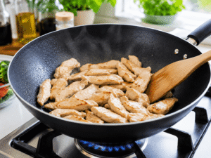 Thin sliced chicken cooking in a hot wok until lightly browned for garlic chicken stir fry.