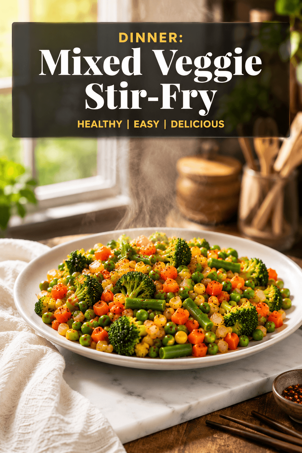 Dinner Mixed Veggie Stir-Fry served on a white plate with colorful mixed vegetables, onions, garlic, ginger, and chili flakes, a healthy quick vegetable dinner in a bright modern kitchen.