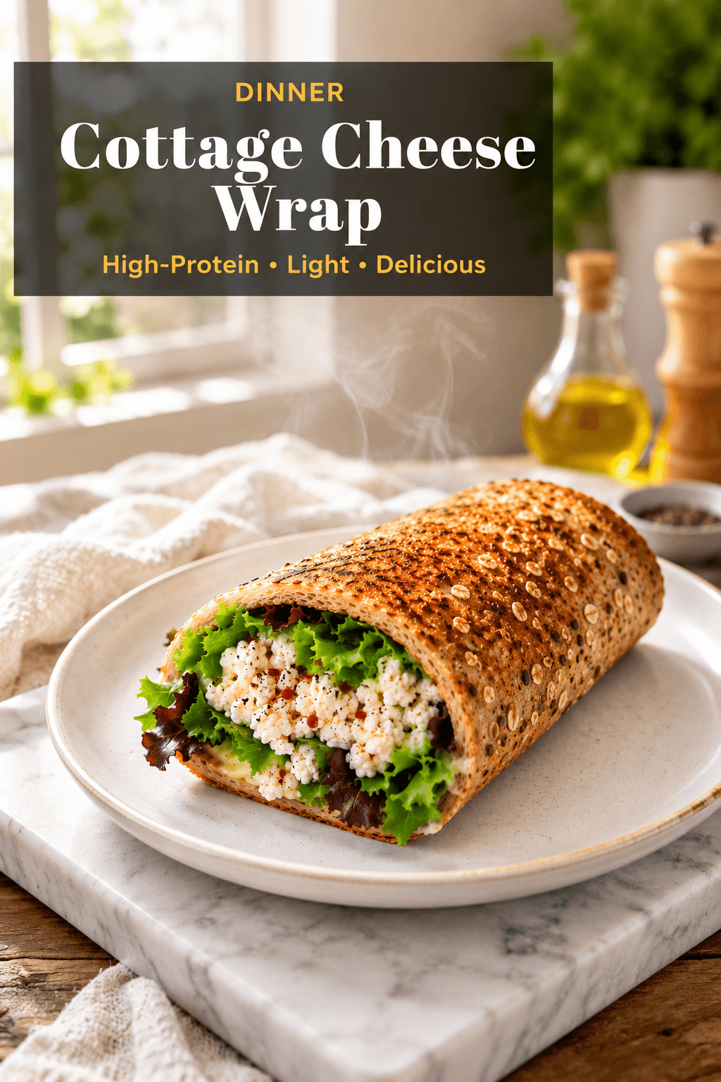 Pinterest style vertical food blog poster featuring a toasted cottage cheese wrap on a white plate with fresh greens and modern typography banner in a bright kitchen scene.